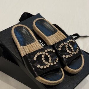 Rare Chanel rhinestone espadrille material and leather slides